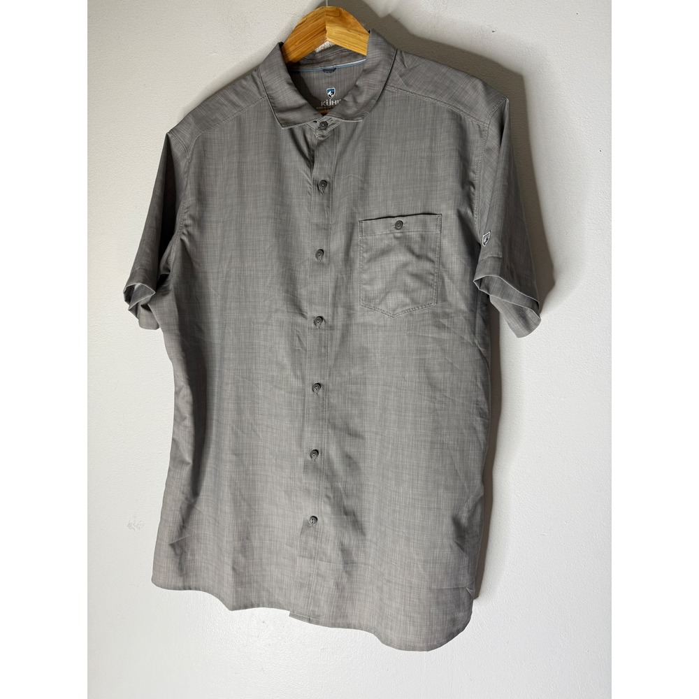 KUHL Mens Large Gray Short Sleeve Button Down Shirt Crosshatch Hiking Travel
